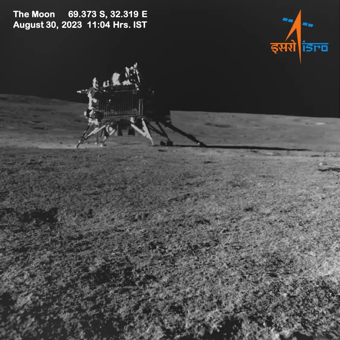 The Vikram lander, photographed on the lunar surface by the Pragyan rover. India became the first nation to land near the Moon’s south pole.