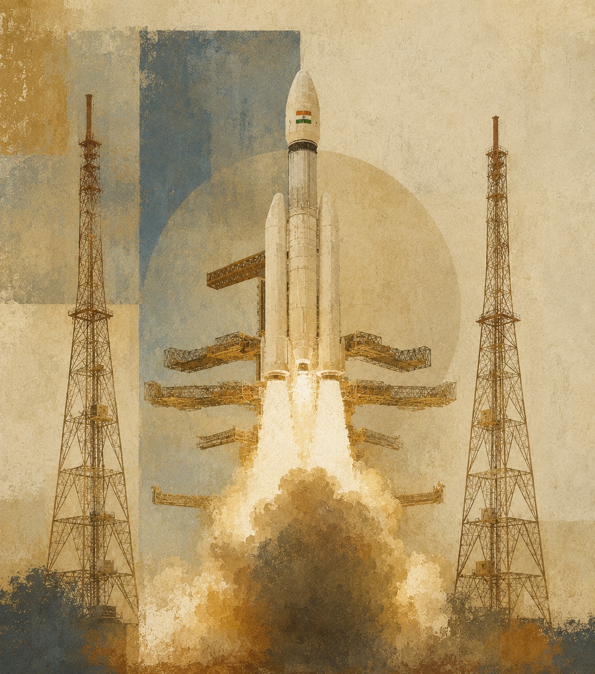 Illustration of a rocket launching from Sriharikota, tricolour on the nose cone