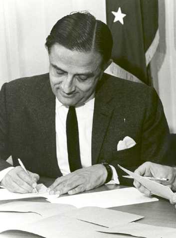Vikram Sarabhai signs the agreement establishing India’s satellite broadcast experiment with NASA.